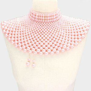 Wide Pearl Necklace Choker Bib Collar 6" W PINK